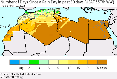 North Africa Number of Days Since a Rain Day in past 30 days (USAF 557th WW) Thematic Map For 3/6/2023 - 3/10/2023