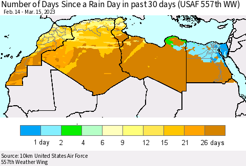 North Africa Number of Days Since a Rain Day in past 30 days (USAF 557th WW) Thematic Map For 3/11/2023 - 3/15/2023
