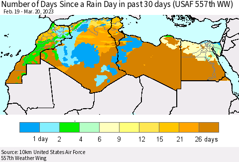 North Africa Number of Days Since a Rain Day in past 30 days (USAF 557th WW) Thematic Map For 3/16/2023 - 3/20/2023