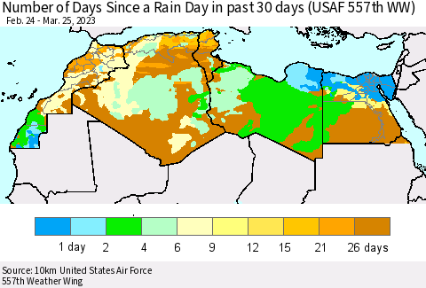 North Africa Number of Days Since a Rain Day in past 30 days (USAF 557th WW) Thematic Map For 3/21/2023 - 3/25/2023