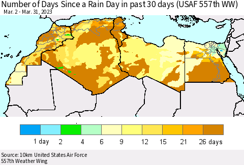North Africa Number of Days Since a Rain Day in past 30 days (USAF 557th WW) Thematic Map For 3/26/2023 - 3/31/2023