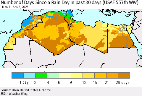 North Africa Number of Days Since a Rain Day in past 30 days (USAF 557th WW) Thematic Map For 4/1/2023 - 4/5/2023