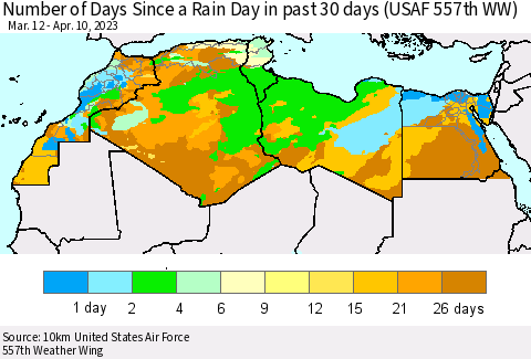North Africa Number of Days Since a Rain Day in past 30 days (USAF 557th WW) Thematic Map For 4/6/2023 - 4/10/2023