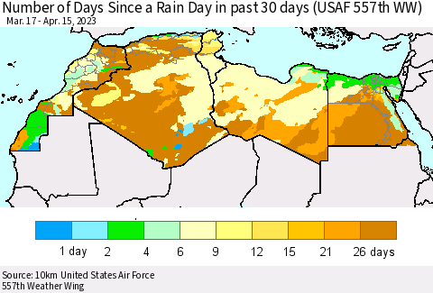 North Africa Number of Days Since a Rain Day in past 30 days (USAF 557th WW) Thematic Map For 4/11/2023 - 4/15/2023