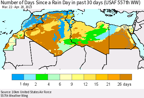 North Africa Number of Days Since a Rain Day in past 30 days (USAF 557th WW) Thematic Map For 4/16/2023 - 4/20/2023