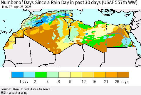 North Africa Number of Days Since a Rain Day in past 30 days (USAF 557th WW) Thematic Map For 4/21/2023 - 4/25/2023