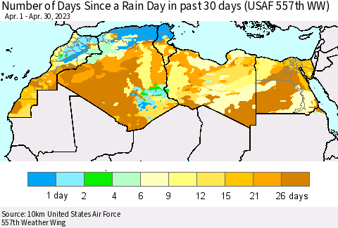 North Africa Number of Days Since a Rain Day in past 30 days (USAF 557th WW) Thematic Map For 4/26/2023 - 4/30/2023