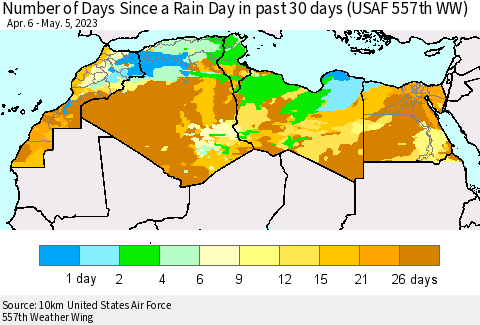 North Africa Number of Days Since a Rain Day in past 30 days (USAF 557th WW) Thematic Map For 5/1/2023 - 5/5/2023