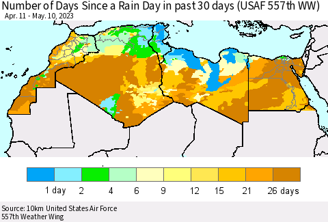 North Africa Number of Days Since a Rain Day in past 30 days (USAF 557th WW) Thematic Map For 5/6/2023 - 5/10/2023