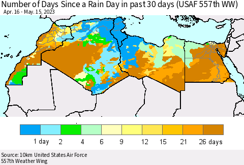 North Africa Number of Days Since a Rain Day in past 30 days (USAF 557th WW) Thematic Map For 5/11/2023 - 5/15/2023
