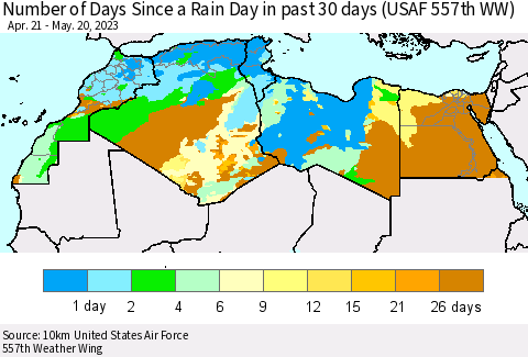 North Africa Number of Days Since a Rain Day in past 30 days (USAF 557th WW) Thematic Map For 5/16/2023 - 5/20/2023