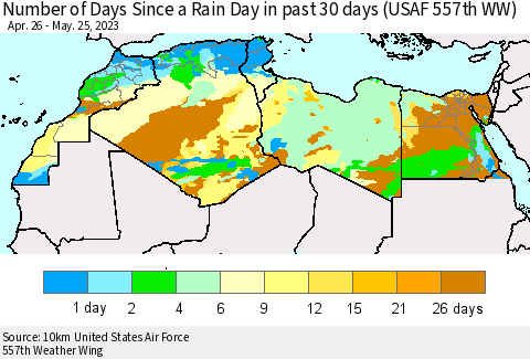 North Africa Number of Days Since a Rain Day in past 30 days (USAF 557th WW) Thematic Map For 5/21/2023 - 5/25/2023