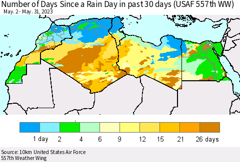 North Africa Number of Days Since a Rain Day in past 30 days (USAF 557th WW) Thematic Map For 5/26/2023 - 5/31/2023