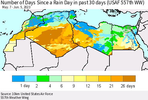 North Africa Number of Days Since a Rain Day in past 30 days (USAF 557th WW) Thematic Map For 6/1/2023 - 6/5/2023