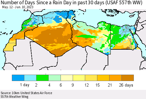 North Africa Number of Days Since a Rain Day in past 30 days (USAF 557th WW) Thematic Map For 6/6/2023 - 6/10/2023