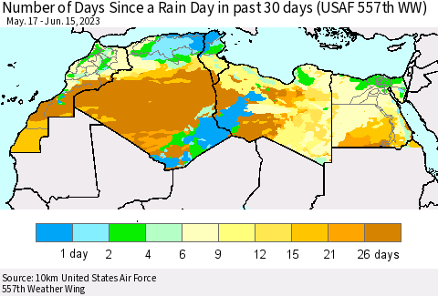 North Africa Number of Days Since a Rain Day in past 30 days (USAF 557th WW) Thematic Map For 6/11/2023 - 6/15/2023