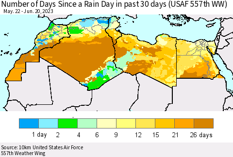 North Africa Number of Days Since a Rain Day in past 30 days (USAF 557th WW) Thematic Map For 6/16/2023 - 6/20/2023