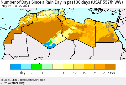 North Africa Number of Days Since a Rain Day in past 30 days (USAF 557th WW) Thematic Map For 6/21/2023 - 6/25/2023