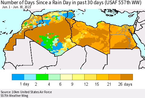 North Africa Number of Days Since a Rain Day in past 30 days (USAF 557th WW) Thematic Map For 6/26/2023 - 6/30/2023