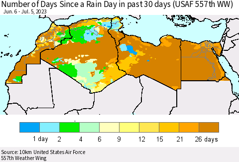 North Africa Number of Days Since a Rain Day in past 30 days (USAF 557th WW) Thematic Map For 7/1/2023 - 7/5/2023