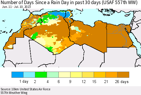 North Africa Number of Days Since a Rain Day in past 30 days (USAF 557th WW) Thematic Map For 7/6/2023 - 7/10/2023