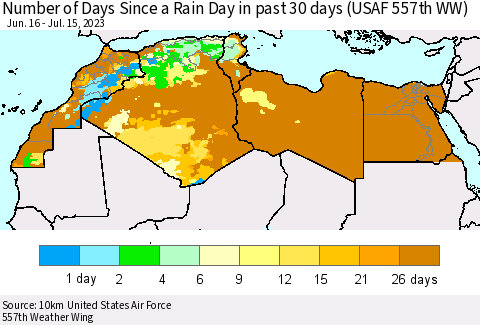 North Africa Number of Days Since a Rain Day in past 30 days (USAF 557th WW) Thematic Map For 7/11/2023 - 7/15/2023