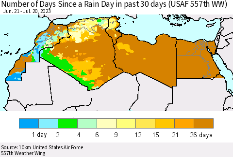 North Africa Number of Days Since a Rain Day in past 30 days (USAF 557th WW) Thematic Map For 7/16/2023 - 7/20/2023