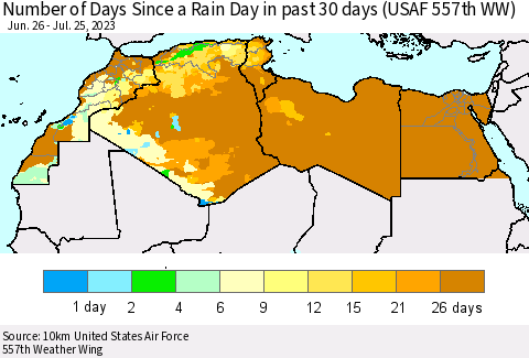 North Africa Number of Days Since a Rain Day in past 30 days (USAF 557th WW) Thematic Map For 7/21/2023 - 7/25/2023