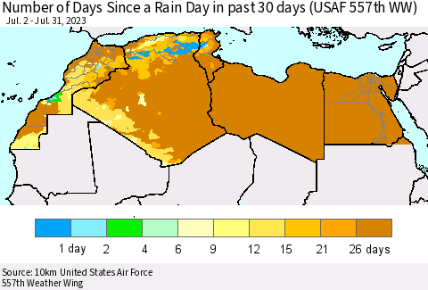 North Africa Number of Days Since a Rain Day in past 30 days (USAF 557th WW) Thematic Map For 7/26/2023 - 7/31/2023