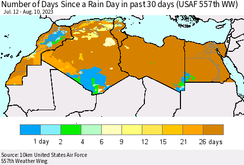 North Africa Number of Days Since a Rain Day in past 30 days (USAF 557th WW) Thematic Map For 8/6/2023 - 8/10/2023