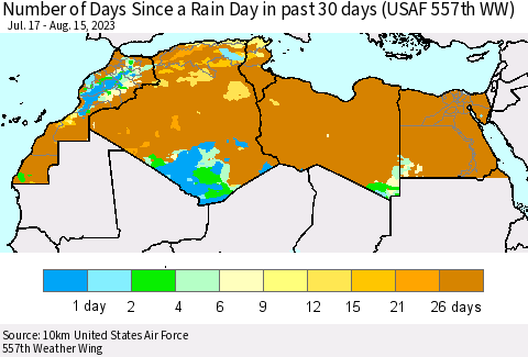 North Africa Number of Days Since a Rain Day in past 30 days (USAF 557th WW) Thematic Map For 8/11/2023 - 8/15/2023