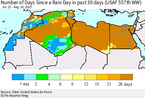 North Africa Number of Days Since a Rain Day in past 30 days (USAF 557th WW) Thematic Map For 8/16/2023 - 8/20/2023