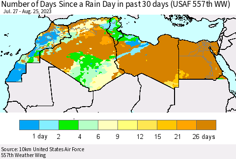 North Africa Number of Days Since a Rain Day in past 30 days (USAF 557th WW) Thematic Map For 8/21/2023 - 8/25/2023
