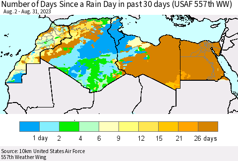 North Africa Number of Days Since a Rain Day in past 30 days (USAF 557th WW) Thematic Map For 8/26/2023 - 8/31/2023