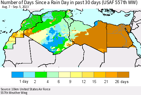 North Africa Number of Days Since a Rain Day in past 30 days (USAF 557th WW) Thematic Map For 9/1/2023 - 9/5/2023