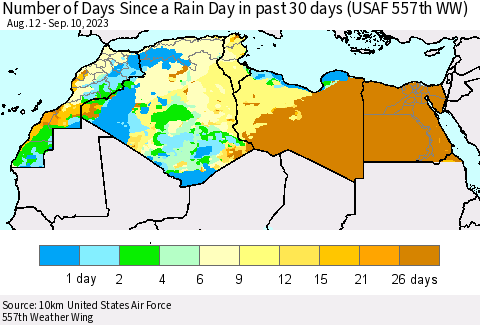 North Africa Number of Days Since a Rain Day in past 30 days (USAF 557th WW) Thematic Map For 9/6/2023 - 9/10/2023