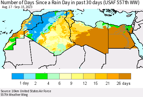 North Africa Number of Days Since a Rain Day in past 30 days (USAF 557th WW) Thematic Map For 9/11/2023 - 9/15/2023