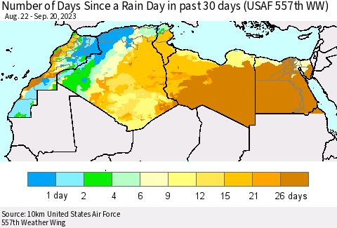 North Africa Number of Days Since a Rain Day in past 30 days (USAF 557th WW) Thematic Map For 9/16/2023 - 9/20/2023