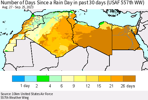 North Africa Number of Days Since a Rain Day in past 30 days (USAF 557th WW) Thematic Map For 9/21/2023 - 9/25/2023