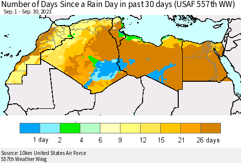 North Africa Number of Days Since a Rain Day in past 30 days (USAF 557th WW) Thematic Map For 9/26/2023 - 9/30/2023