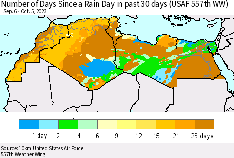 North Africa Number of Days Since a Rain Day in past 30 days (USAF 557th WW) Thematic Map For 10/1/2023 - 10/5/2023