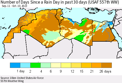 North Africa Number of Days Since a Rain Day in past 30 days (USAF 557th WW) Thematic Map For 10/6/2023 - 10/10/2023