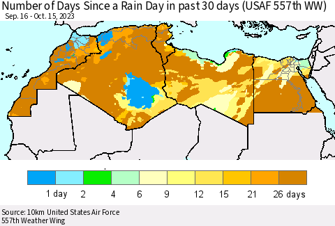 North Africa Number of Days Since a Rain Day in past 30 days (USAF 557th WW) Thematic Map For 10/11/2023 - 10/15/2023