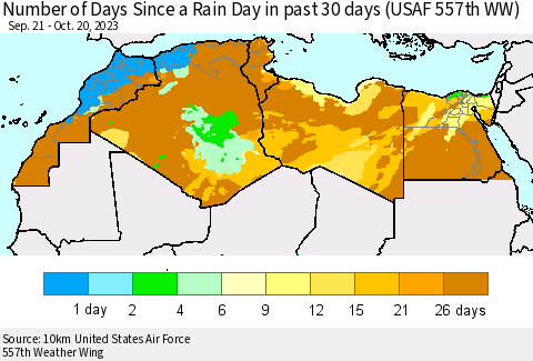 North Africa Number of Days Since a Rain Day in past 30 days (USAF 557th WW) Thematic Map For 10/16/2023 - 10/20/2023