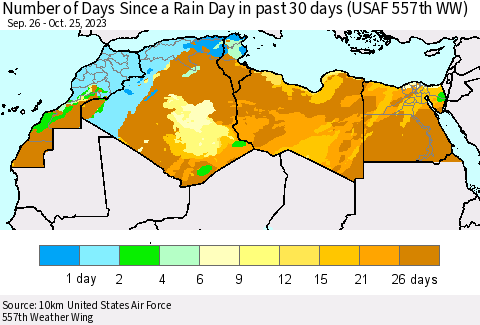 North Africa Number of Days Since a Rain Day in past 30 days (USAF 557th WW) Thematic Map For 10/21/2023 - 10/25/2023
