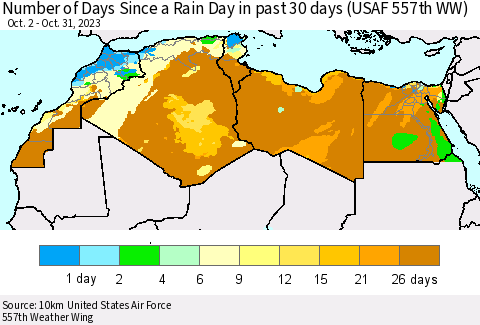 North Africa Number of Days Since a Rain Day in past 30 days (USAF 557th WW) Thematic Map For 10/26/2023 - 10/31/2023