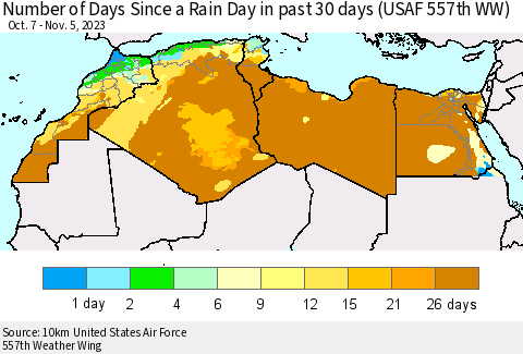 North Africa Number of Days Since a Rain Day in past 30 days (USAF 557th WW) Thematic Map For 11/1/2023 - 11/5/2023