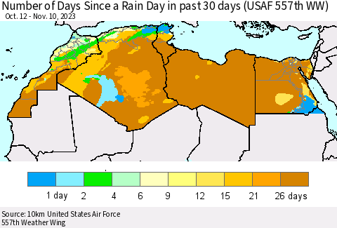 North Africa Number of Days Since a Rain Day in past 30 days (USAF 557th WW) Thematic Map For 11/6/2023 - 11/10/2023