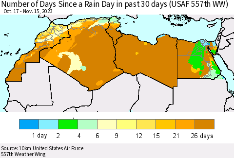 North Africa Number of Days Since a Rain Day in past 30 days (USAF 557th WW) Thematic Map For 11/11/2023 - 11/15/2023