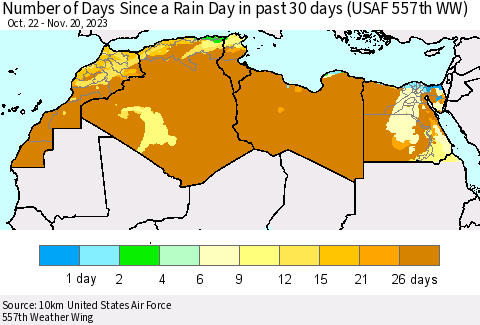 North Africa Number of Days Since a Rain Day in past 30 days (USAF 557th WW) Thematic Map For 11/16/2023 - 11/20/2023
